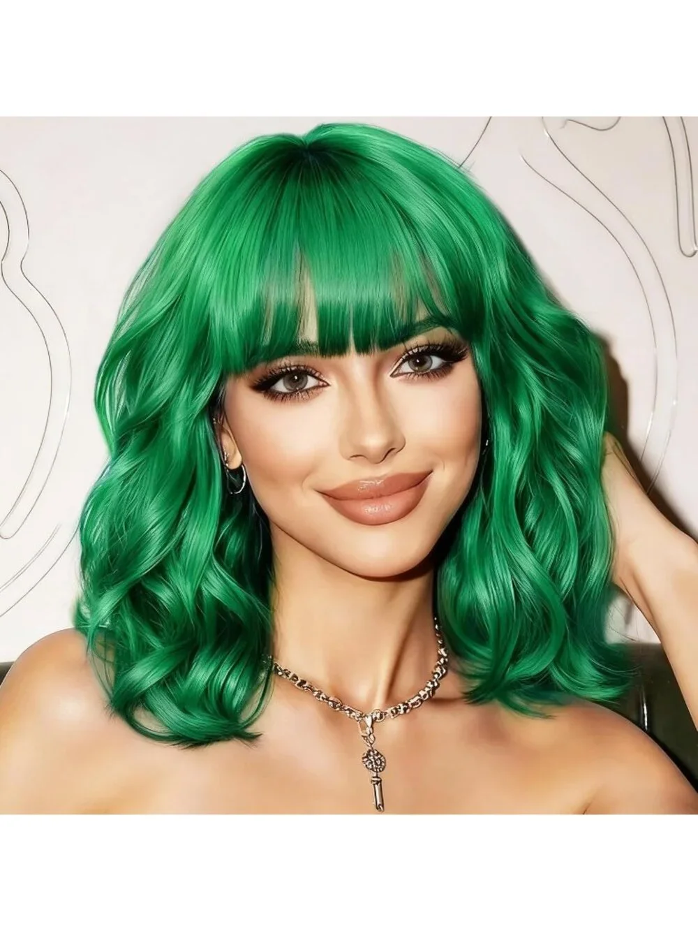 Women's Green 14 Inch Heat Resistant Short Wavy Hair Pastel Bob Wig Bangs